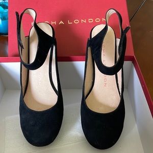 Sacha London Vesta black suede platform Mary Jane style heels.
